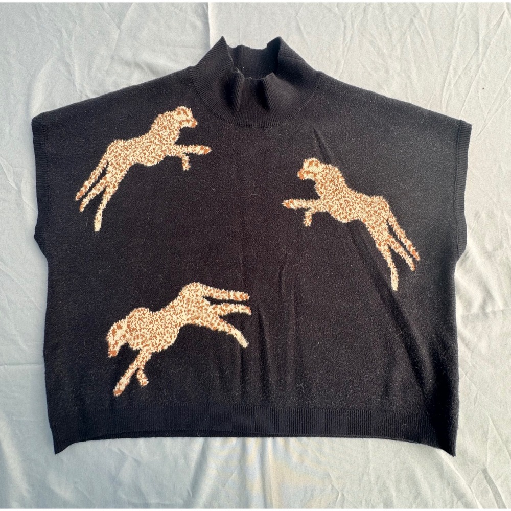 Black Cheetah Print Mock Neck Sweater Vest Sleeveless Knit Top Leopard Animal